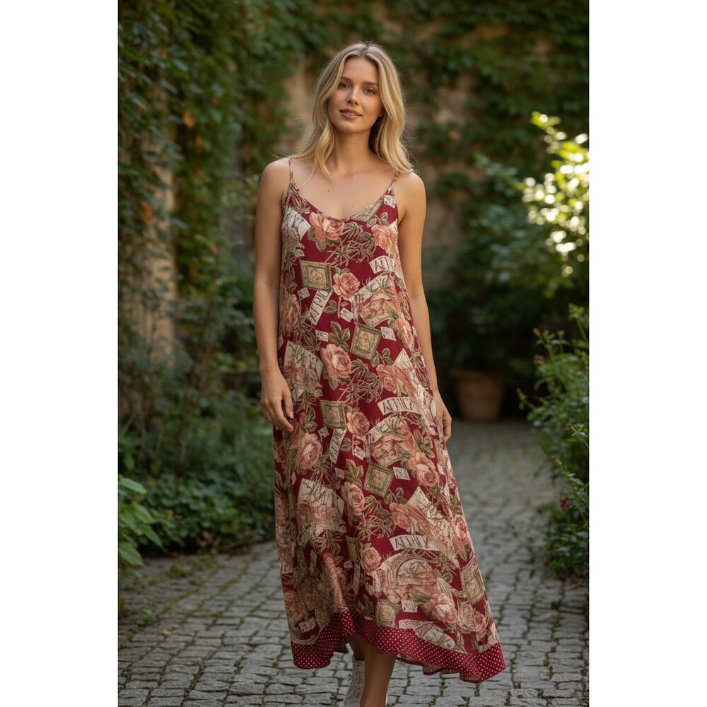 Jenny Helene Travel Postcard Midi Dress Red Y2K Size Small